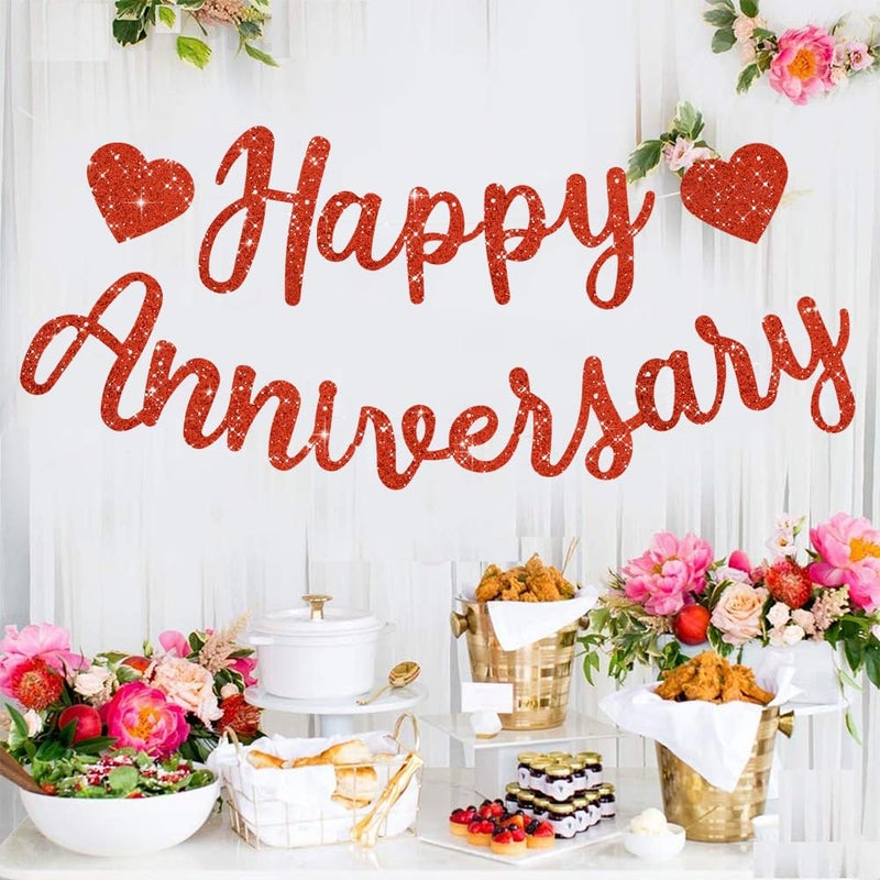BEISHIDA Red Happy Anniversary Banner, Pre-Strung - Red Glitter Happy Anniversary Banner,NO DIY - Red Glitter Happy Anniversary Garland, Red Happy Anniversary Sign for Anniversary Wedding Party - Image 4